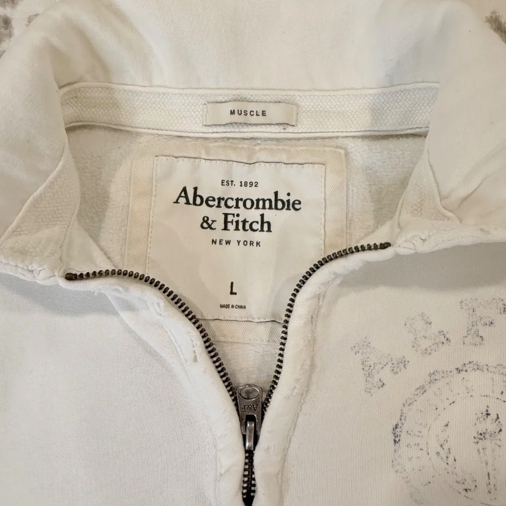 Abercrombie & Fitch Distressed 1/4 Zip Muscle Sweatshirt; White/Grey; Women's L - Picture 3 of 14
